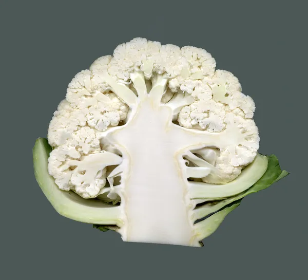Ein längs aufgeschnittener weißer Blumenkohl zeigt den verzweigten Blütenstand