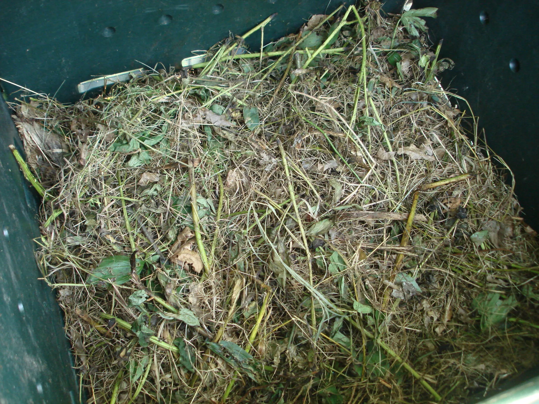 Offener Komposthaufen im Garten mit Gartenabfällen und Erde