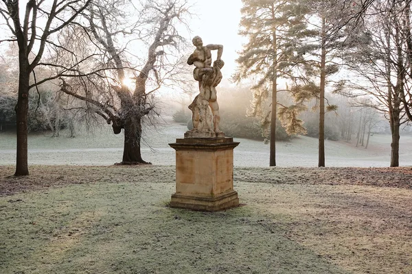 Weitläufiger Garten im Raureif an einem klaren Wintermorgen, Rasen und Sträucher weiß überzogen