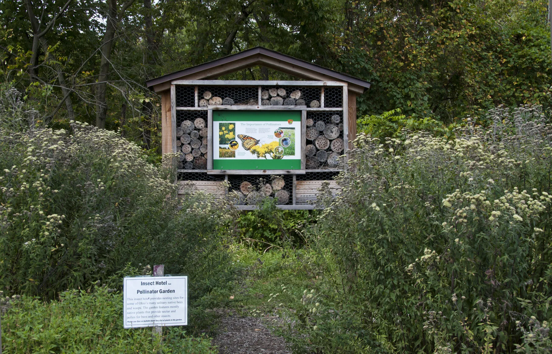 Nesting aid made of wooden blocks with drilled holes and bundled reed for tube-dwelling wild bees