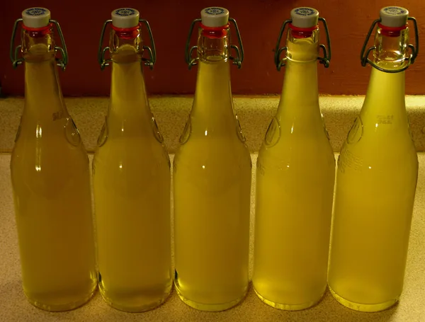 Mehrere Flaschen mit selbst gemachtem Holunderblütensirup auf einem Tisch