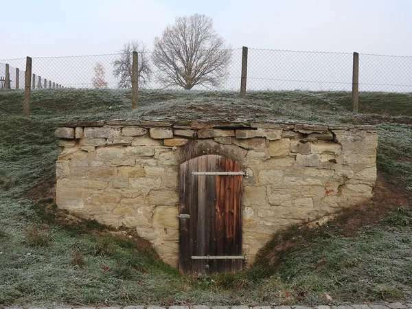 Alter Erdkeller in einem Erdhügel, Sandsteinwand mit Holztür, ringsum raureifbedecktes Gras und kahle Bäume