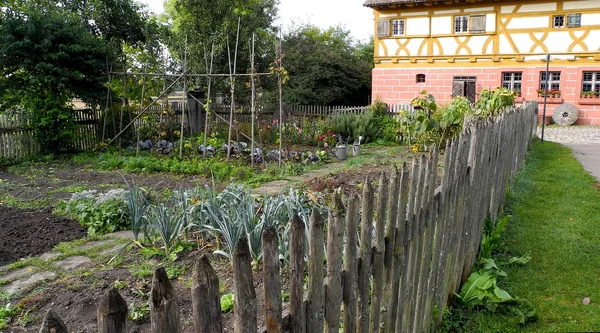Bauerngarten mit Beeten voller Porree, Kohl, Kräutern und Blumen hinter einem alten Holzzaun