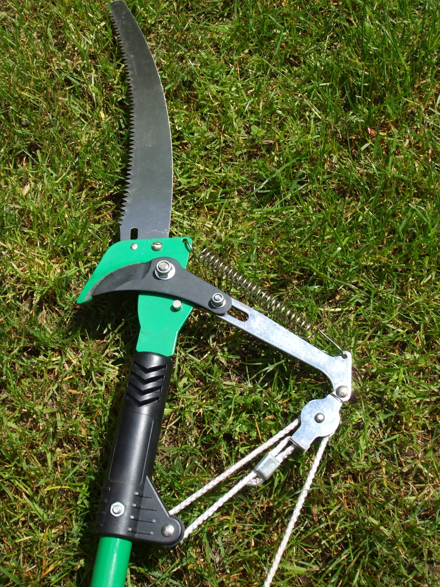Kopf eines Hochentasters im Gras mit gebogener Sichelsäge und Astschere mit Seilzug