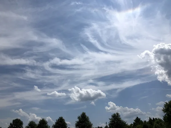Hoher Himmel mit feinen, faserigen Cirrus-Schleiern und darunter kleinen weißen Schönwetter-Cumulus-Wolken über einer Baumreihe