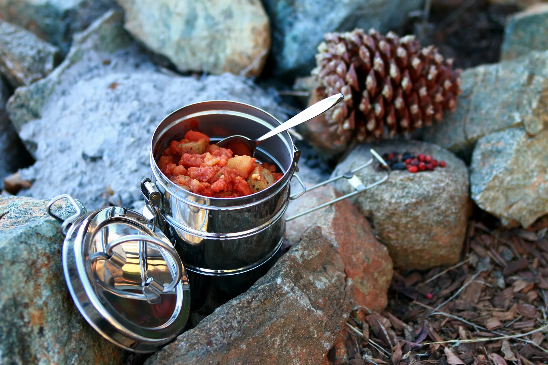 A stainless steel pot of vegetable stew with a spoon standing on rocks next to a pine cone
