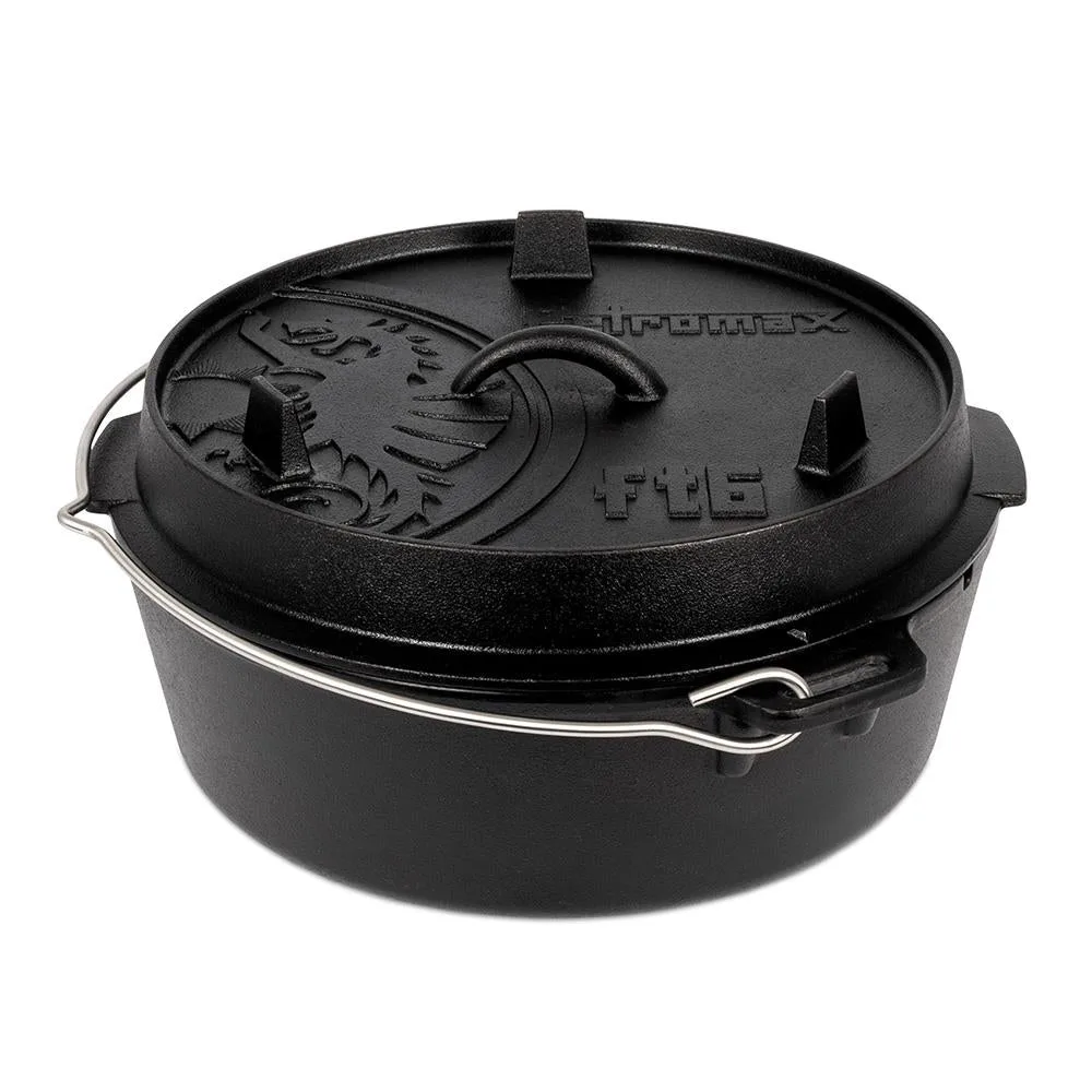Cast iron dutch oven with lid and bail handle, model FT6, on a white background