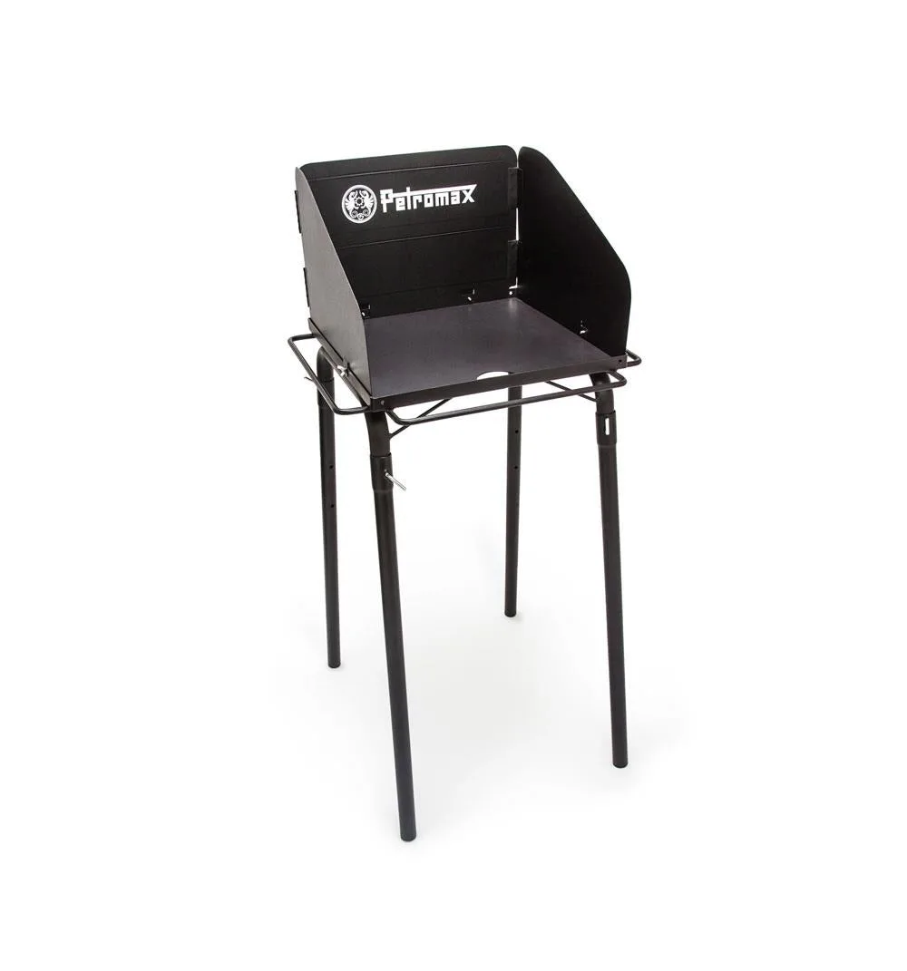 Folding steel dutch oven table with wind shield and height-adjustable legs
