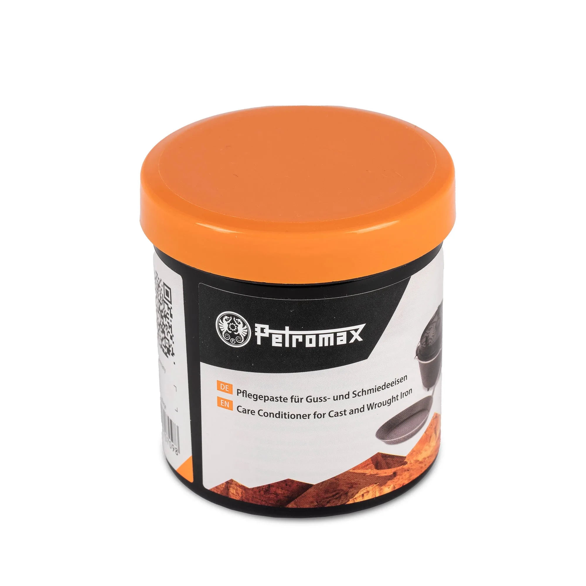 Tin of care conditioner for cast and wrought iron with an orange lid